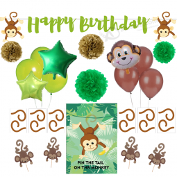 La fiesta de cumpleaños del mono provee a los niños decoraciones de la fiesta de cumpleaños feliz
