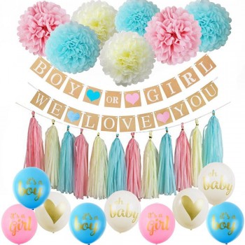 性別を明らかにするパーティーは、ピンクの青いボール、組織のポンポン、少年、少女のバナーピンクの青いタッセルの花輪の誕生日パーティーを提供します