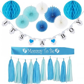 Mommy to Be Sash, Honey Comb Balls , Tissue Paper Tassel for Baby boy shower decorations