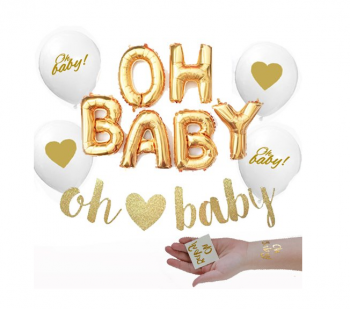 Gold OH BABY! Girl Boy Baby Shower Mylar Balloons Glitter Banner Two Oh Baby Tattoos Decorations