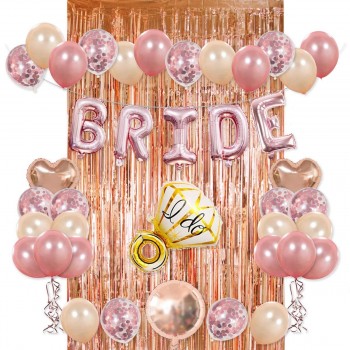 Rose Gold Foil Fringe Curtain 20 Latex Balloons 10 Confetti Balloon Bride and Ring Heart Round Mylar Balloons for Bachelorette Bridal Shower Party