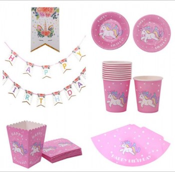 Hot sell Unicorn Party Supplies Banner + Cup + Popcorn Cup+ Cap+ Plate + Cupcake Topper 42pcs