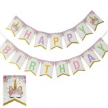 Striscione di festa di unicorno con festa di compleanno a coda di pesce glitter oro