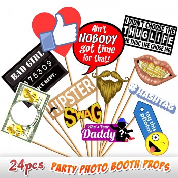 24PC Party Photo Booth Props Novelty Dress Up Accessories Decorations for Birthday Parties Emoji Photo Booth Prop Hipster Bow Tie Social Media Like