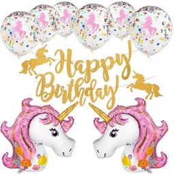 Kit de fournitures de fête de licorne avec des ballons de licorne rose, des ballons de confettis or bannière de joyeux anniversaire