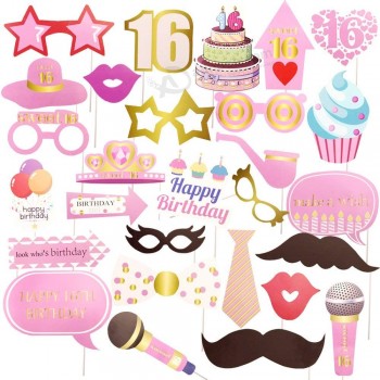 16日 Birthday Party Supplies, 30 Pcs Photo Booth Props for Sweet 16 Party Decorations