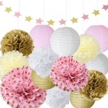 Papel estrela guirlanda tecido pompons bola de flor de suspensão para festa de aniversário, decoração de casamento