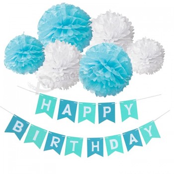 Kit de banner de feliz aniversário, bola de flores de pompons de papel com decorações de festa de suspensão