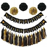 45 PCS 2018 Graduation Banner Black Gold 5 Pom Poms Flowers 20 Black Gold Tassels Classy Graduation Party Decorations