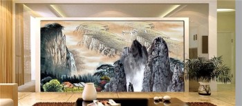B130a繁体中文绘画汉语，风景墨水绘画与山的电视背景客厅装饰的