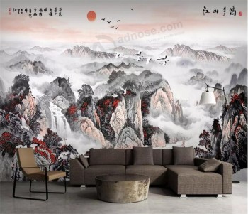 B149 landschap van bergen bij zon opkomst tijd afdrukken van chinese karakters inkt schilderij
