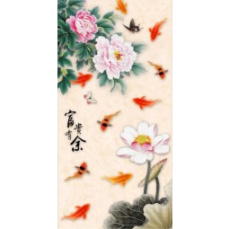 B157 Wall Art Flower Ink Painting Printed Peony Fish and Lotus Decor Picture