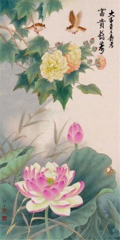 B178 peinture chinoise fleur et oiseau lotus peinture à l'encre murale porche