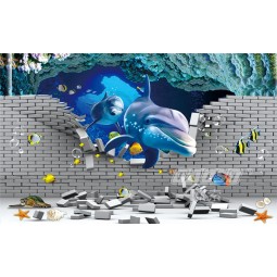 A231 3D Brick Background Wall Underwater World Printed Ink Painting Mural for Children's Room Decoration