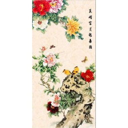 B188  Modern Chinese Wall Art Painting of Peony Flowers Birds and Mountains Porch Mural