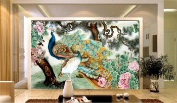 B192卸売牡丹の花孔雀とゲスト-家庭装飾用の松の木の絵を挨拶する