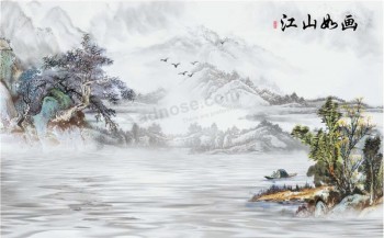 B209 mountaint和河风景墨水绘画墙壁背景装饰