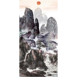 B217 Beautiful The Red Sun Rises in the East Sky Landscape Ink Painting for Home Decoration