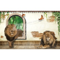 A233 Ziegelwände, grüne Blätter, Löwen, runde Fenster und Vögel 3D Wandkunst druckt Tintenmalerei für Hauptdekoration