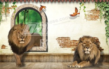 A233 Ziegelwände, grüne Blätter, Löwen, runde Fenster und Vögel 3D Wandkunst druckt Tintenmalerei für Hauptdekoration