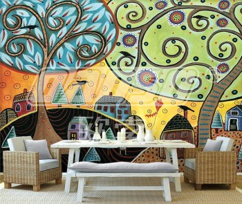 A251 arbres et maisons rafraîchissantes art mural décoration de fond de peinture