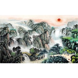B296 The Red Sun Rises in Sky Landscapes Ink Painting Wall Art Decoration