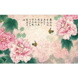 B302 Peony Bloom Flower and Bird Ink Painting Wall Art Printed TV Background Wall