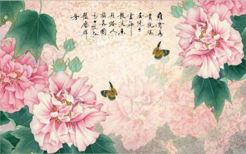 B302 Peony Bloom Flower and Bird Ink Painting Wall Art Printed TV Background Wall