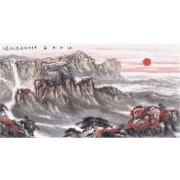B427 The Red Sun Rises in Sky Beautiful Scenery Landscape Ink Painting TV Background Wall