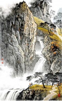 B007 Cliff and Waterfall Ink Painting Wall Background Decoration