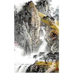 B007 Cliff und Wasserfall Tusche Malerei Wand Hintergrund Dekoration