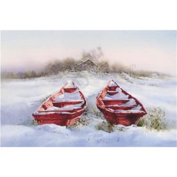 B013雪の風景の2つのボートは、絵画の壁の背景のインテリアを描く