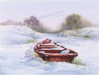 B014在雪风景墨水绘画墙壁背景装饰的一条小船