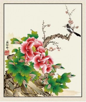B029 fiori e uccelli di peonia con decorazione a inchiostro