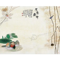 B431鸳鸯和莲花墨水绘画墙壁背景装饰为客厅