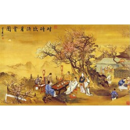 B432 Ancient People Enjoy the Moon Scenery Ink Painting Wall Background Decoration Mural