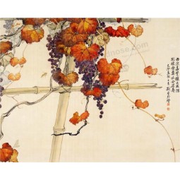 B043花蝴蝶和葡萄树墨水绘画墙艺术背景装饰