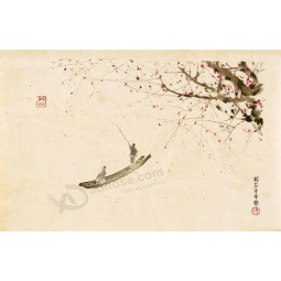 B050 Plum Blossom and Boat Scenery Printing Ink Painting Background Wall Decoration