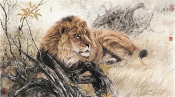 B084 el león macho feroz en la pintura de fondo de pintura de pared de hierba pintura china tradicional