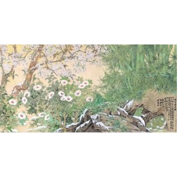 B087 Chinese Style Flowers Birds and Bamboos TV Background Wall Decoration