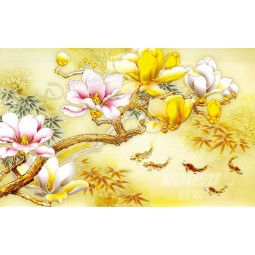 B135 Color Carvings Magnolia Flower Water and Ink Painting Background Wall Decoration