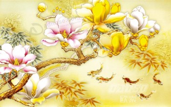 B135 kleur houtsnijwerk magnolia bloem water en inkt schilderij achtergrond wanddecoratie