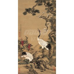 B330 Kiefer Pflaumenblüte und Doppelkran Wasser und Tusche Malerei Hintergrund Wanddekoration