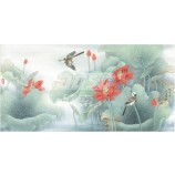 B339 Red Lotus Flower Background Wall Decoration Ink Painting for Home Wall Art Printing