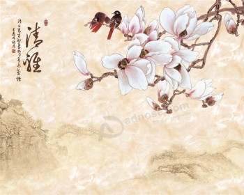 B362 Magnolia yulan flor y pájaro TV fondo pared decoración pintura de tinta para sala de estar