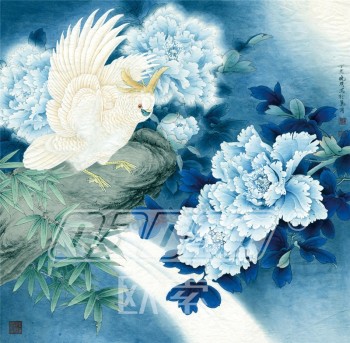 B371蓝色牡丹花和鸟墨水绘画背景墙壁装饰为客厅