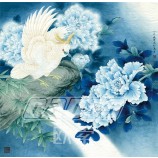 B371 Blue Peony Flower and Bird Ink Painting Background Wall Decoration for Living Room