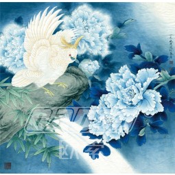 B371 Blue Peony Flower and Bird Ink Painting Background Wall Decoration for Living Room