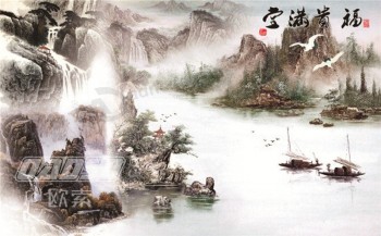 B375中国传统绘画背景墙壁装饰墨水绘画风景家庭装饰的
