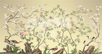 B410 Tuschmalerei Blume und Vogel Design TV Hintergrund Wandmalerei Wohnkultur Wandbild